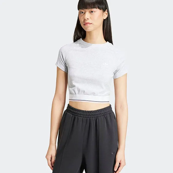 Áo Croptop Nữ Adidas Tape Waistband Tee Melange Grey IS2318 Màu Xám Nhạt Size XS