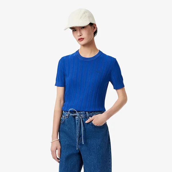 Áo Len Nữ Lacoste Women's Short Sleeve Rib Knit Sweater AF7961 51 C4X Màu Xanh Lam Size 34