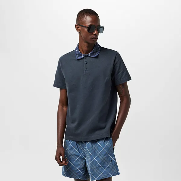 Áo Polo Nam Burberry Men's Check Short Sleeve Màu Xanh Navy Size S