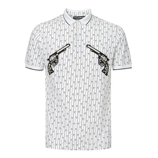 Áo Polo Nam Dolce & Gabbana D&G White Embroidered Allover Print Pique Shirt Màu Trắng Họa Tiết Size 46