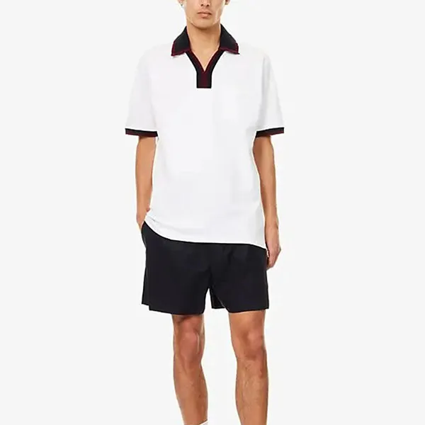Áo Polo Nam Gucci Contrast Collar Logo Embroidered Cotton Pique Shirt Màu Trắng Size XS