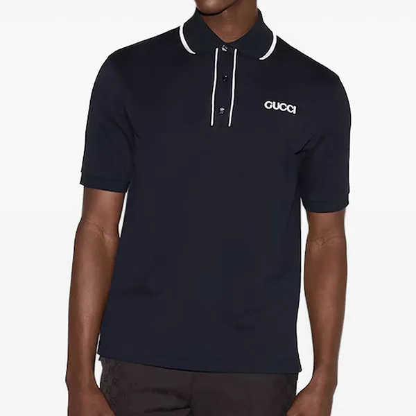 Áo Polo Nam Gucci Logo Print Piqué Shirt Màu Xanh Navy Size XS