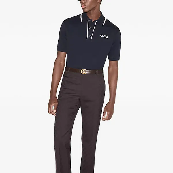 Áo Polo Nam Gucci Logo Print Piqué Shirt Màu Xanh Navy Size XS