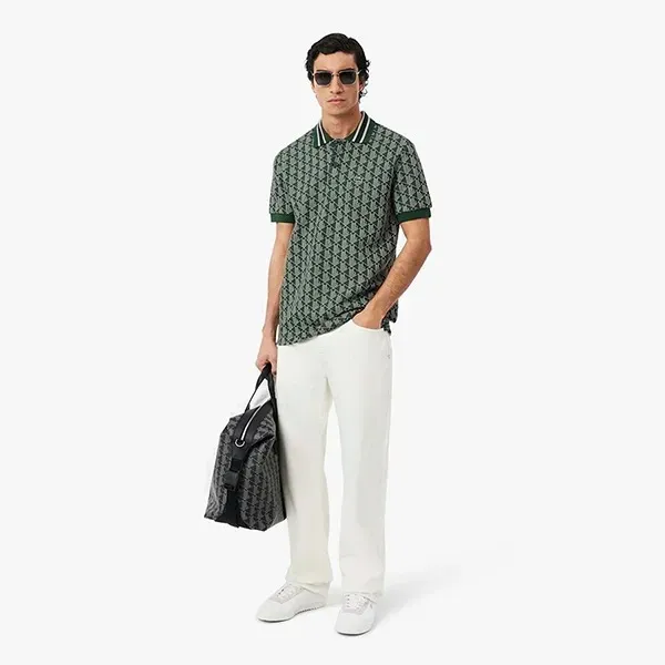Áo Polo Nam Lacoste Classic Fit Contrast Collar Monogram Green DH1417 D1R Màu Xanh Lá Size S