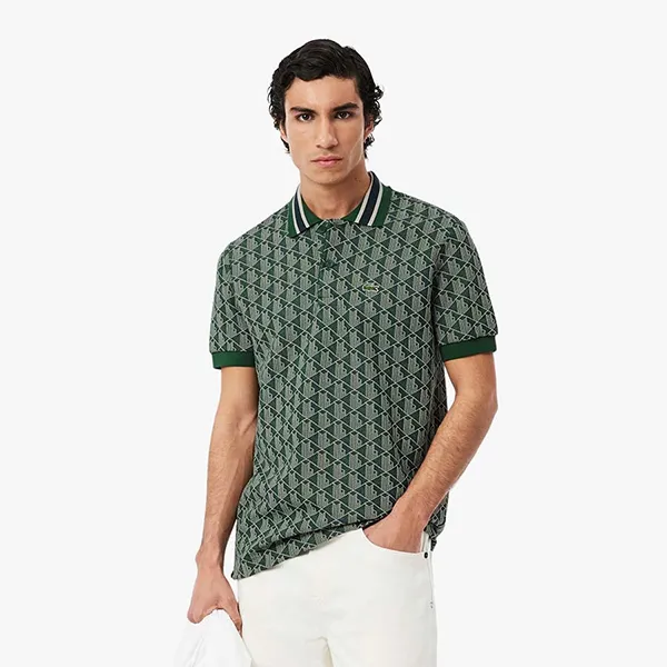 Áo Polo Nam Lacoste Men's Classic Fit Contrast Collar Monogram DH1417 10 D1R Màu Xanh Lá Size 4