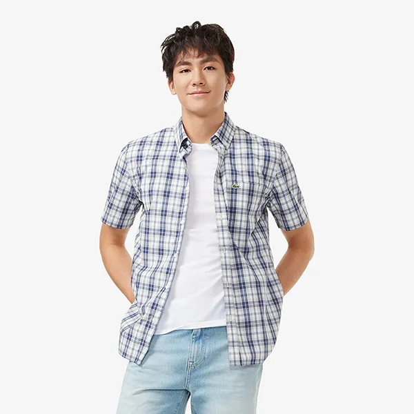 Áo Sơ Mi Cộc Tay Nam Lacoste Regular Fit Short Sleeved Shirt CH8343 - 6IE Màu Xanh/Trắng Size 39