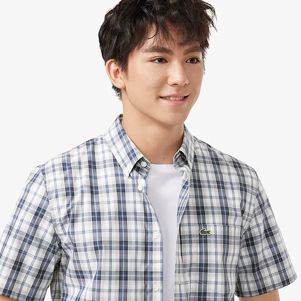 Áo Sơ Mi Cộc Tay Nam Lacoste Regular Fit Short Sleeved Shirt CH8343 - 6IE Màu Xanh/Trắng Size 39