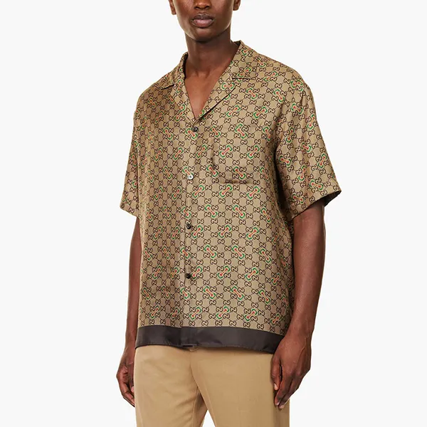 Áo Sơ Mi Nam Gucci Monogram-Pattern Camp-Collar Silk Shirt Màu Be Size 46