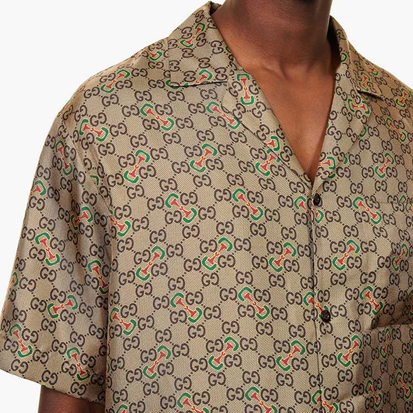 Áo Sơ Mi Nam Gucci Monogram-Pattern Camp-Collar Silk Shirt Màu Be Size 46
