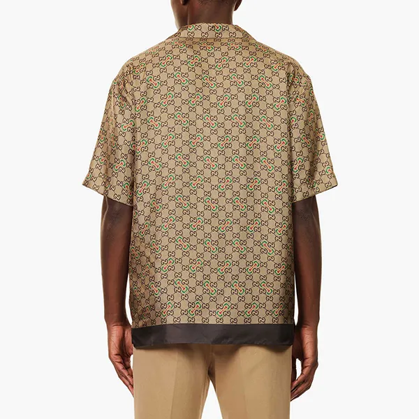 Áo Sơ Mi Nam Gucci Monogram-Pattern Camp-Collar Silk Shirt Màu Be Size 46
