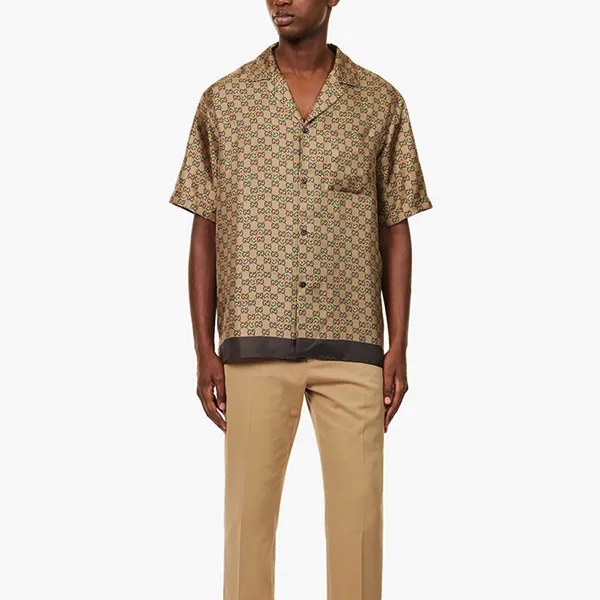 Áo Sơ Mi Nam Gucci Monogram-Pattern Camp-Collar Silk Shirt Màu Be Size 46
