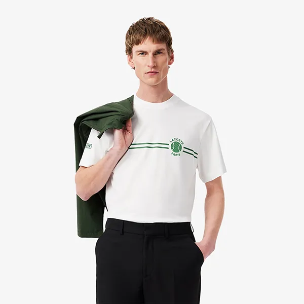 Áo Thun Nam Lacoste Printed Embroidered Cotton Jersey T-Shirt TH9694 55G 001 Màu Trắng Size 3