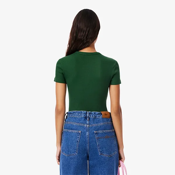 Áo Thun Nữ Lacoste Women's Slim Fit Ribbed Cotton T-Shirt TF5538 51 132 Pine Green Màu Xanh Green Size 36