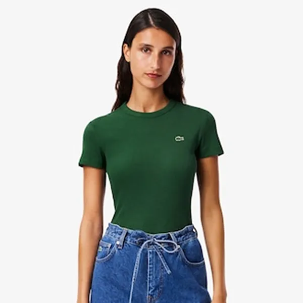 Áo Thun Nữ Lacoste Women's Slim Fit Ribbed Cotton T-Shirt TF5538 51 132 Pine Green Màu Xanh Green Size 36