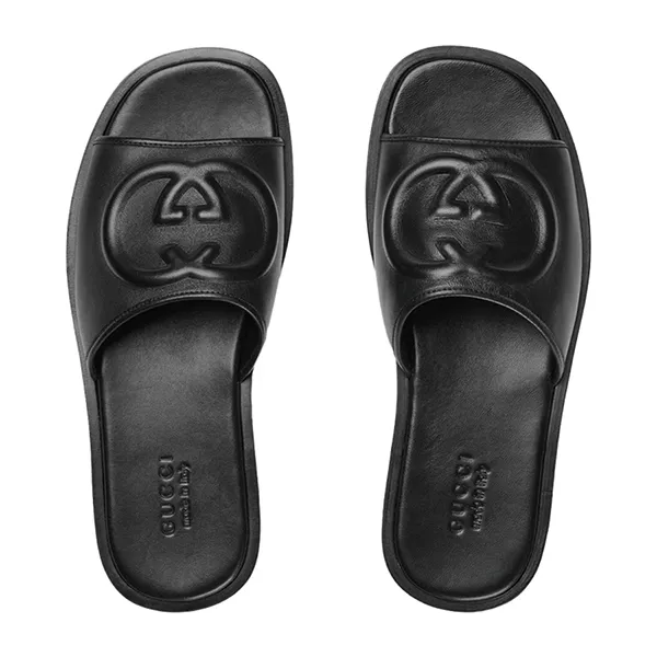 Dép Nữ Gucci Interlocking G Black Leather Slide Sandals Màu Đen Size 39