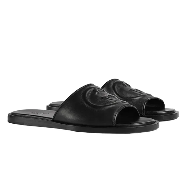 Dép Nữ Gucci Interlocking G Black Leather Slide Sandals Màu Đen Size 39