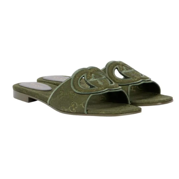 Dép Nữ Gucci Interlocking G GG Canvas Slides Màu Xanh Green Size 36.5