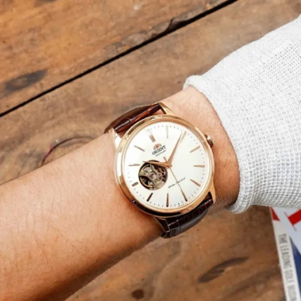Đồng Hồ Nam Orient Bambino Open Heart RA-AG0001S10B Watch Màu Nâu - Vàng Hồng
