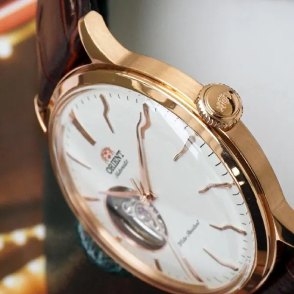 Đồng Hồ Nam Orient Bambino Open Heart RA-AG0001S10B Watch Màu Nâu - Vàng Hồng