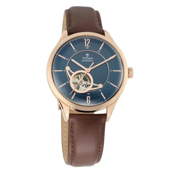 Đồng Hồ Nam Titan Men's Automatic Watch With Leather Strap And Blue Dial 90111WL01 Màu Xanh - Nâu