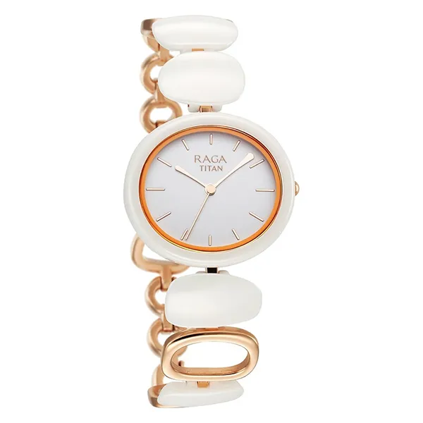 Đồng Hồ Nữ Titan Raga Ceramics Quartz Analog White Dial Metal & Ceramic Strap Watch For Women 95146KD05 Màu Trắng