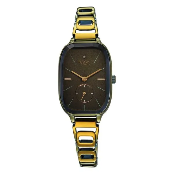 Đồng Hồ Nữ Titan Women's Raga Chic Watch With Metal Strap And Green Dial 2687QM01 Màu Vàng Đen