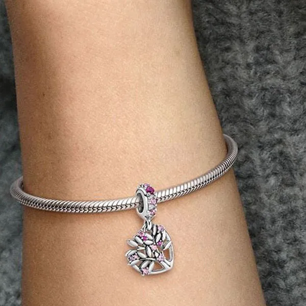 Hạt Vòng Charm Nữ Pandora Pink Heart Family Tree Dangle Sterling Silver 799153C01 Màu Bạc Hồng