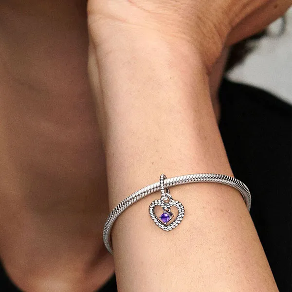 Hạt Vòng Charm Nữ Pandora Purple Beaded Heart Dangle Sterling Silver 798854C03 Màu Bạc Tím
