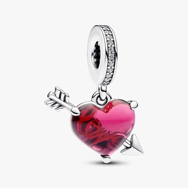 Hạt Vòng Charm Nữ Pandora Red Heart & Arrow Murano Glass Dangle Sterling Silver 793085C01 Màu Bạc Hồng