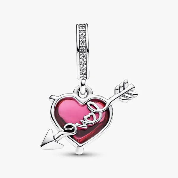 Hạt Vòng Charm Nữ Pandora Red Heart & Arrow Murano Glass Dangle Sterling Silver 793085C01 Màu Bạc Hồng