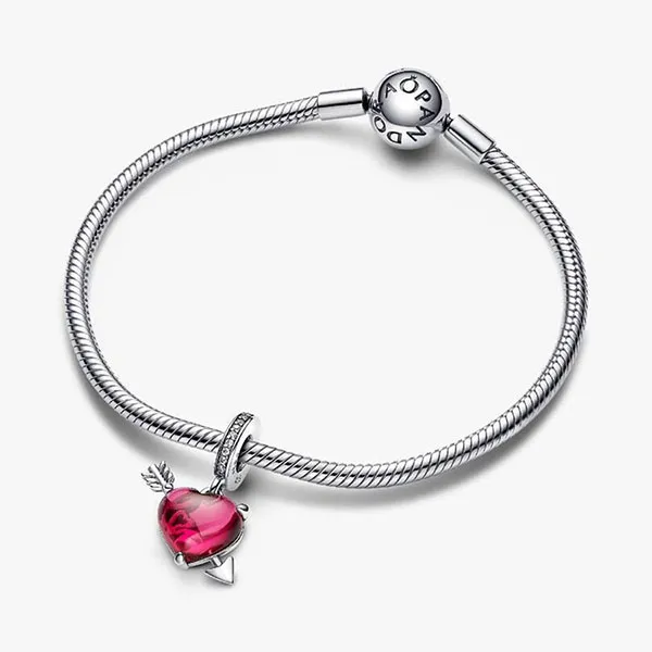 Hạt Vòng Charm Nữ Pandora Red Heart & Arrow Murano Glass Dangle Sterling Silver 793085C01 Màu Bạc Hồng