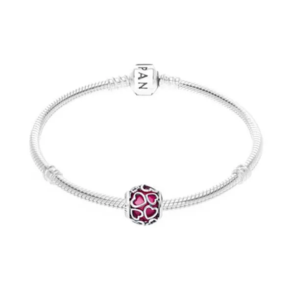 Hạt Vòng Charm Nữ Pandora Sterling Silver Encased In Love Charm With Faceted Cerise Crystal 792036NCC Màu Hồng Bạc
