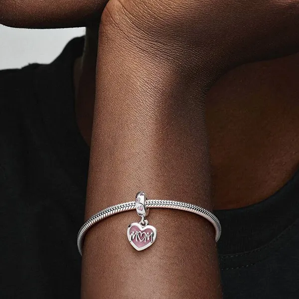 Hạt Vòng Charm Pandora Mum Script Heart Dangle 798887C01 Màu Bạc/Hồng