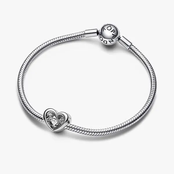 Hạt Vòng Charm Pandora Radiant Heart & Floating Stone Charm Sterling Silver Màu Bạc