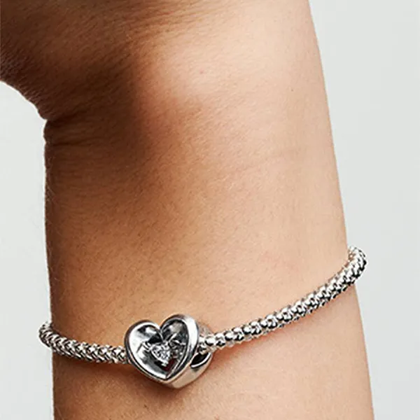 Hạt Vòng Charm Pandora Radiant Heart & Floating Stone Charm Sterling Silver Màu Bạc