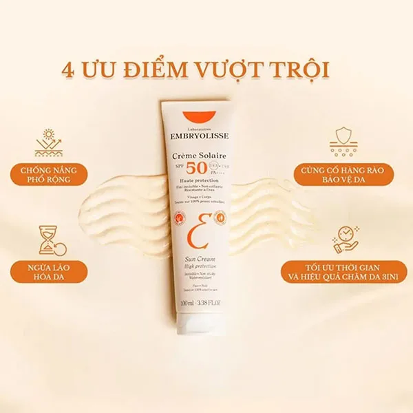 Kem Chống Nắng Ngăn Tia UV, Bảo Vệ Da Embryolisse UV Crème Solaire SPF50 PA++++, 100ml