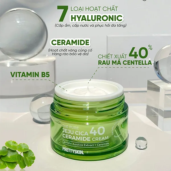 Kem Dưỡng Rau Má Làm Dịu Phục Hồi Da Pretty Skin Pure Jeju Cica 40 Ceramide Cream 52ml