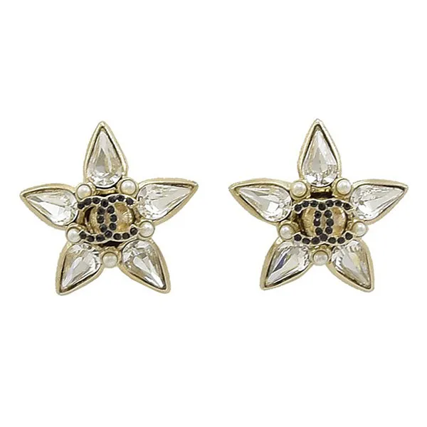 Khuyên Tai Nữ Chanel AB4336 Double C Logo Star Crystal Rhinestone Stud Earrings Màu Trắng Vàng