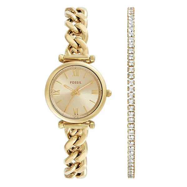 Set Đồng Hồ Và Vòng Đeo Tay Nữ Fossil Carlie ES5387SET 28mm Màu Vàng