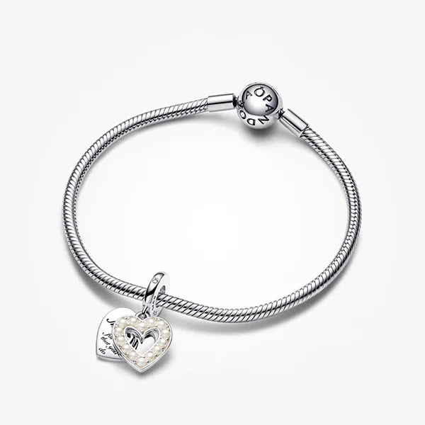 Set Vòng Đeo Tay + Hạt Vòng Charm Pandora Pearlescent White Heart Double Charm 590728 + 792649C01 Màu Bạc