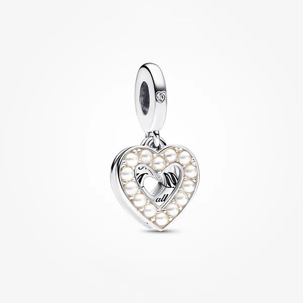 Set Vòng Đeo Tay + Hạt Vòng Charm Pandora Pearlescent White Heart Double Charm 590728 + 792649C01 Màu Bạc