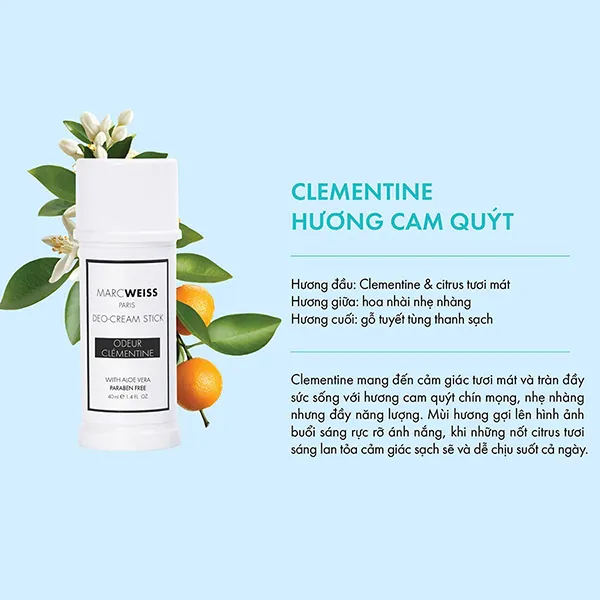 Thanh Khử Mùi Hương Nước Hoa Ngăn Mồ Hôi Marcweiss Paris Deo-Cream Stick Odeur Clémentine 40ml