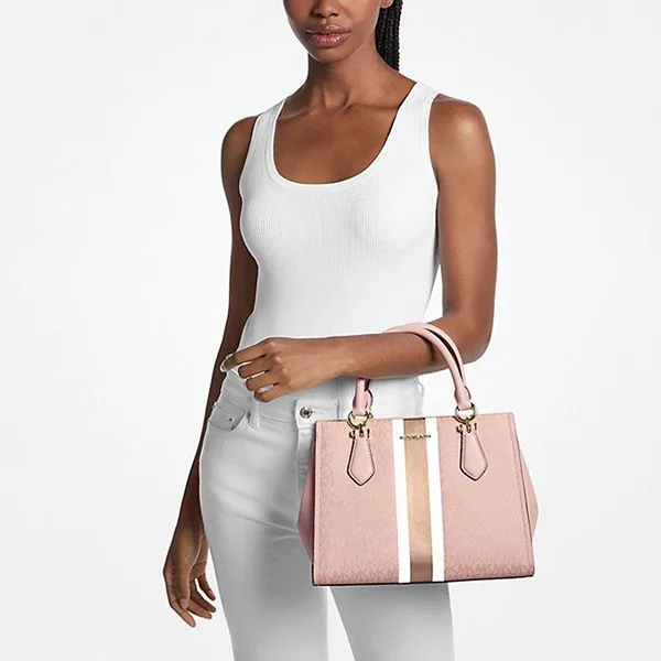 Túi Xách Tay Nữ Michael Kors MK Marilyn Medium Signature Logo Stripe Satchel 35F5G6AS6V Màu Hồng