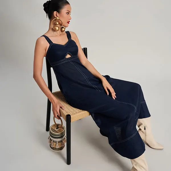 Váy Hai Dây Nữ F2 Fashion & Freedom Linen Golden Girl D766-XD-S-0923 Màu Xanh Đen Size S
