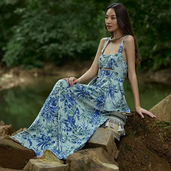 Váy Hai Dây Nữ F2 Fashion & Freedom Linen Into The Wood D812-XHT-S-0524 Màu Xanh Họa Tiết Size S