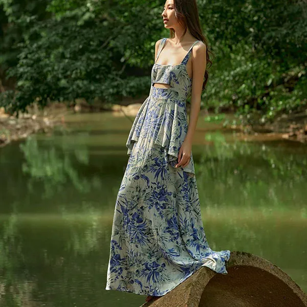 Váy Hai Dây Nữ F2 Fashion & Freedom Linen Into The Wood D812-XHT-S-0524 Màu Xanh Họa Tiết Size S