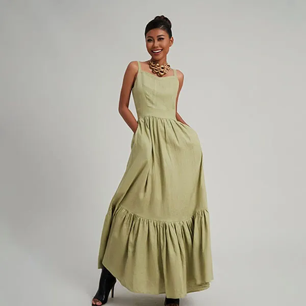 Váy Hai Dây Nữ F2 Fashion & Freedom Linen Modern Women D768-XM-S-0923 Màu Xanh Lá Mạ Size S