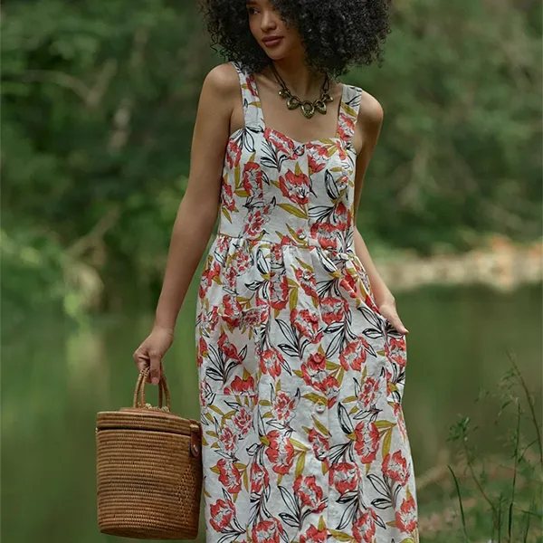 Váy Liền Nữ F2 Fashion & Freedom Into The Wood White And Orange Linen Dress D340-TRANG CAM-S-0524 Màu Trắng Cam Size S