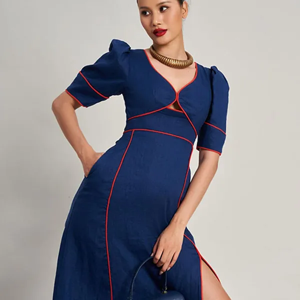 Váy Liền Nữ F2 Fashion & Freedom Linen Golden Girl D763-XD-S-0923 Màu Xanh Đậm Size S