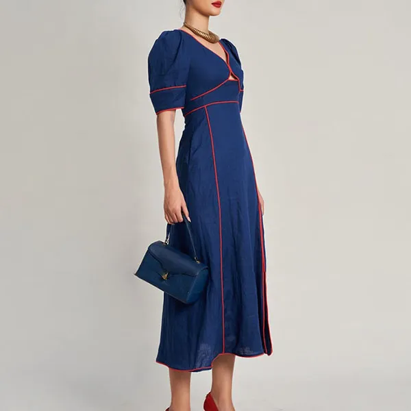 Váy Liền Nữ F2 Fashion & Freedom Linen Golden Girl D763-XD-S-0923 Màu Xanh Đậm Size S